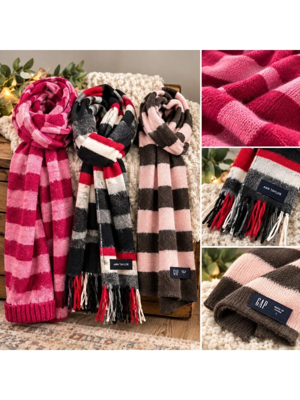 3-Scarf Lot – Ann Taylor, Gap & Striped Pink Scarf
